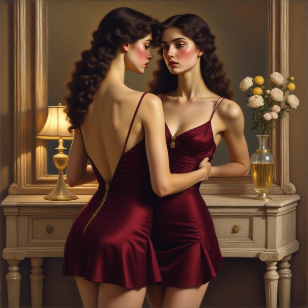 Woman Gazes Intensely in Mirror, Pre-Raphaelite Style