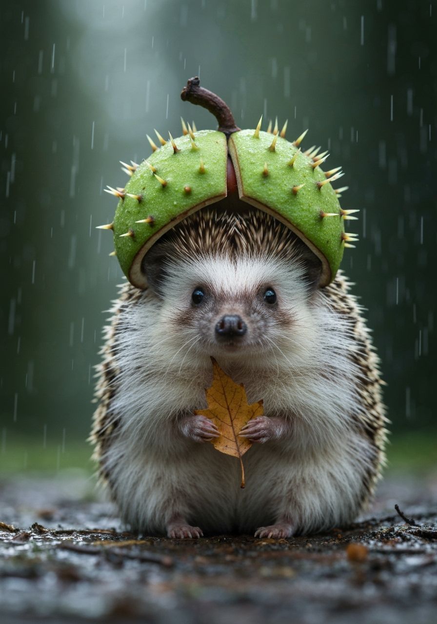 Cute Hedgehog Wears Chestnut Shell Hat in Autumn Forest
