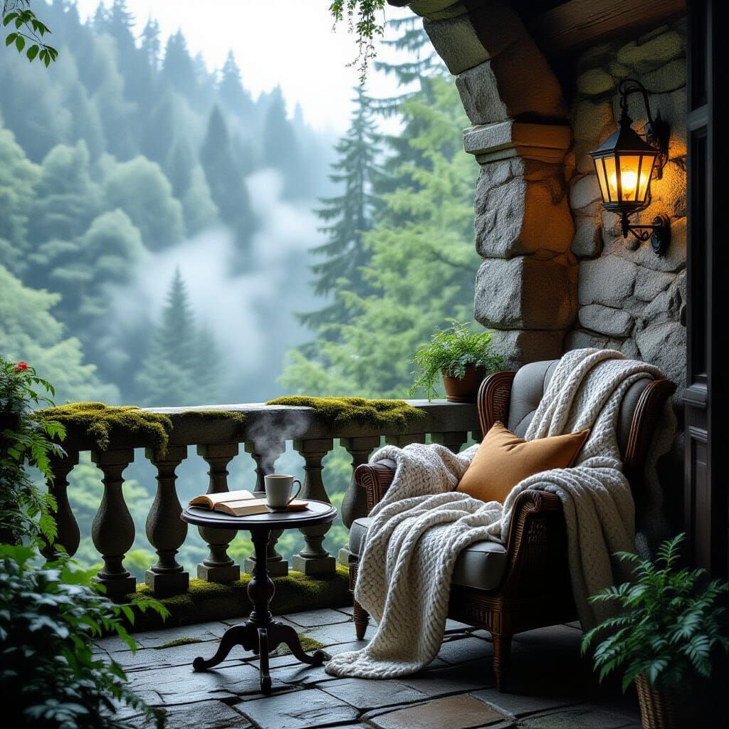 Cozy Reading Nook Overlooking Misty Forest