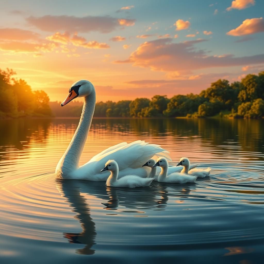Swan Family on a Lake, Detailed Digital Painting