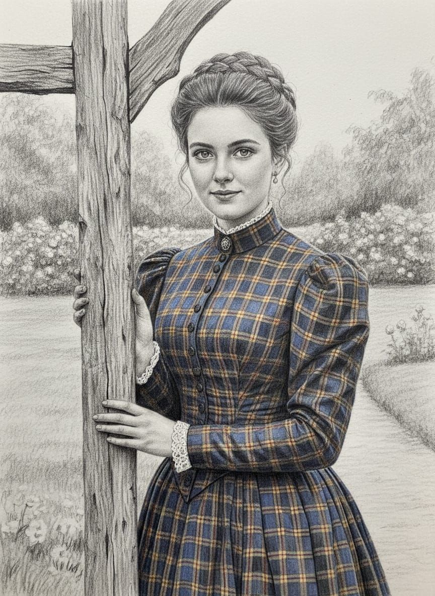 Victorian Woman in Checkered Dress, Rustic Entryway Portrait