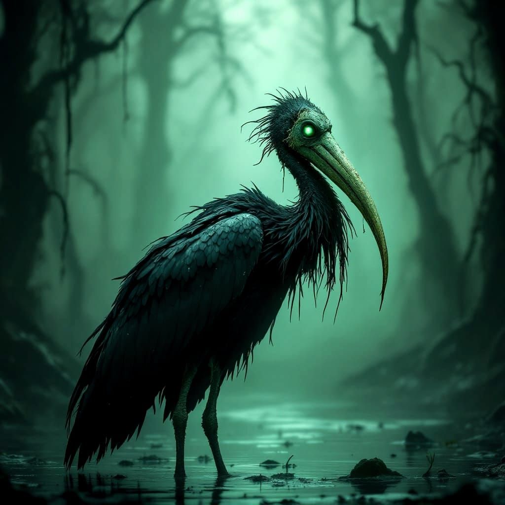Black Feathered Plague Spoonbill in Dark Swamp