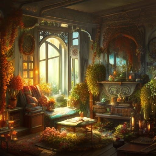 Cozy Sunroom Interior with Fireplace, Digital Art