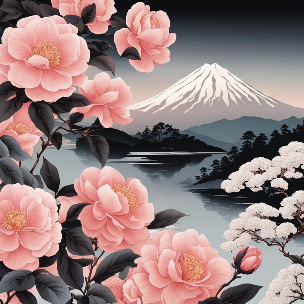 Camellia in the style of Hokusai