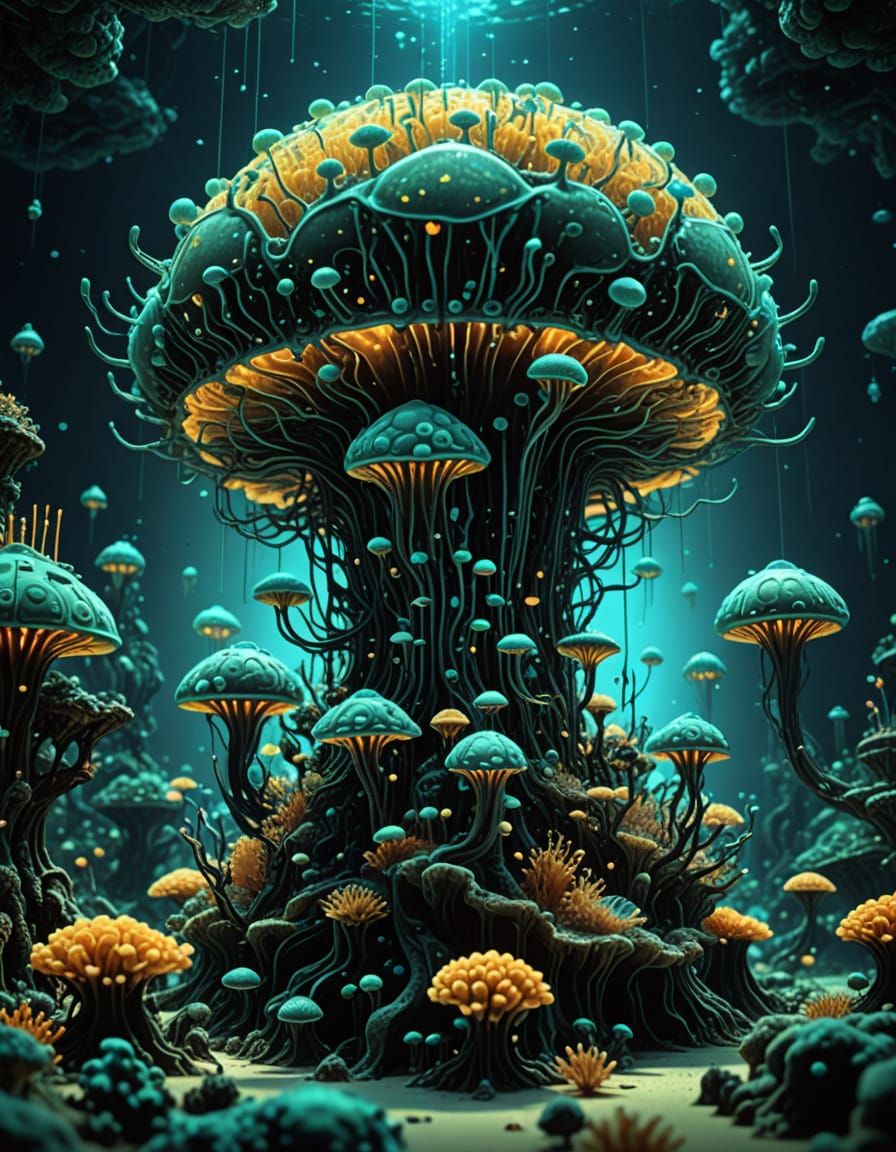 Bioluminescent Arcology in a Cyberpunk Underwater World
