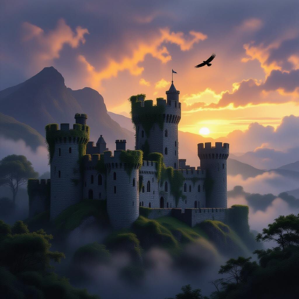 Misty Irish Castle at Sunrise