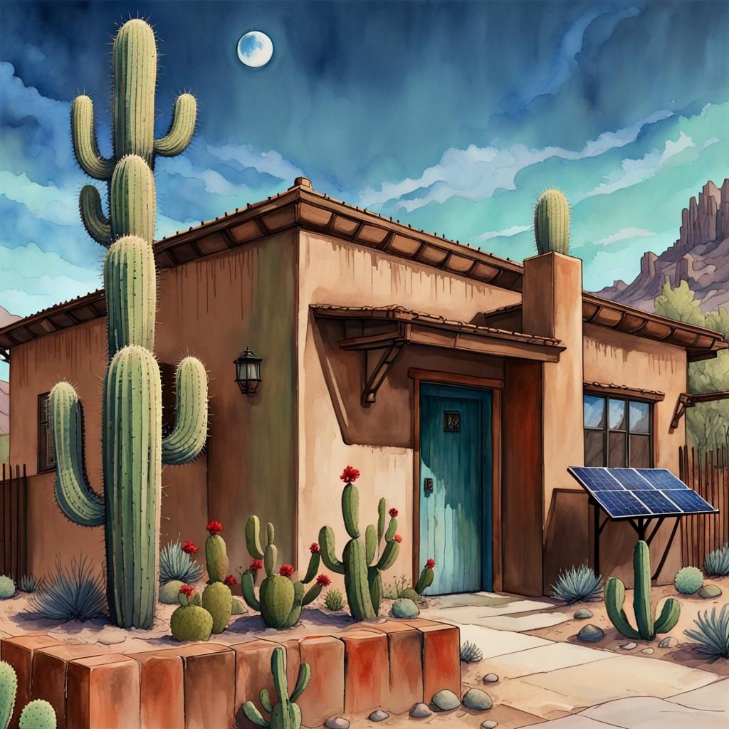 Desert Adobe Home with Solar Panels in Watercolor