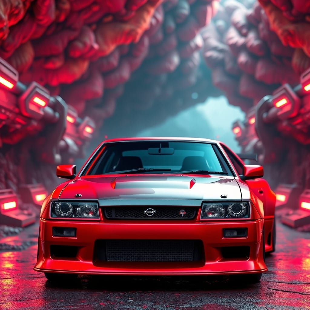 Vibrant Red Nissan Bluebird in Fantastical Environment