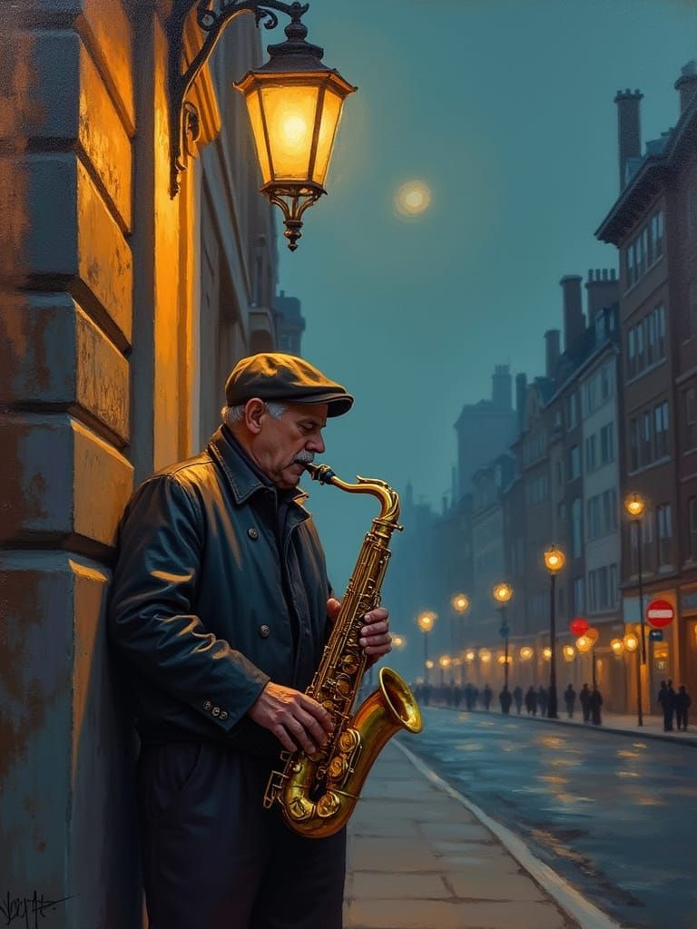 Jazz Musician Serenades City Streets in Warm Oil Painting