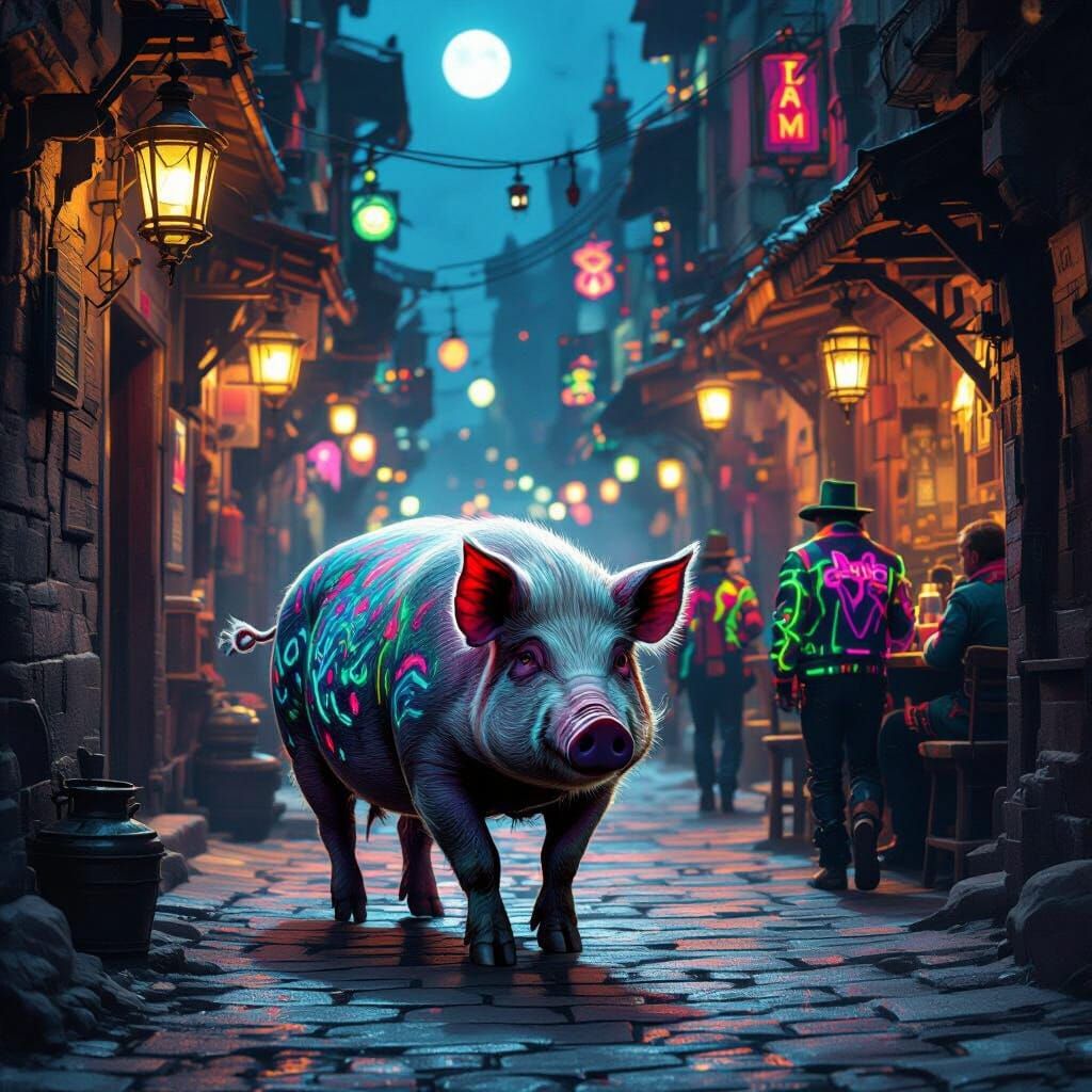 Bioluminescent Pig in Moonlit Alley, 80s Neon Style