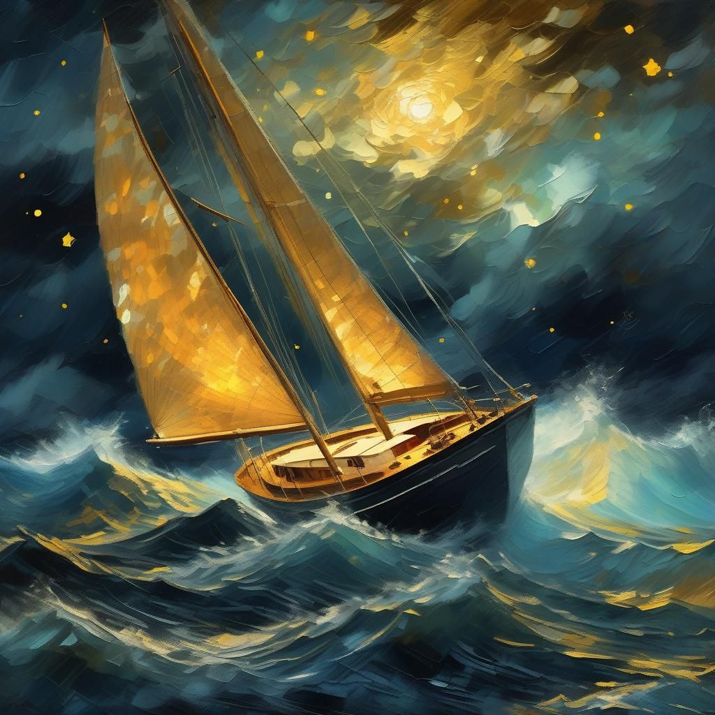 Golden Sailboat in Stormy Seas: An Impressionistic Oil Paint...