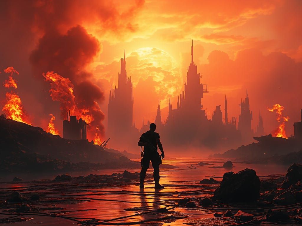 Post-Apocalyptic Figure Emerges from Burning Ruins in Radian...