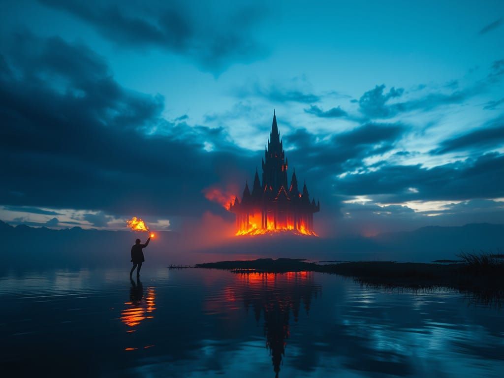 Figure Fleeing Inferno in Ominous Evening Sky