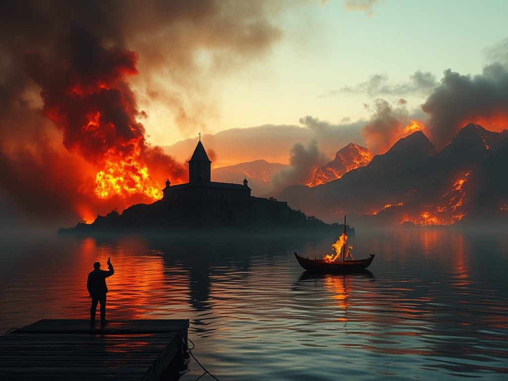 Apocalyptic Inferno Engulfs Fortress on Water's Edge