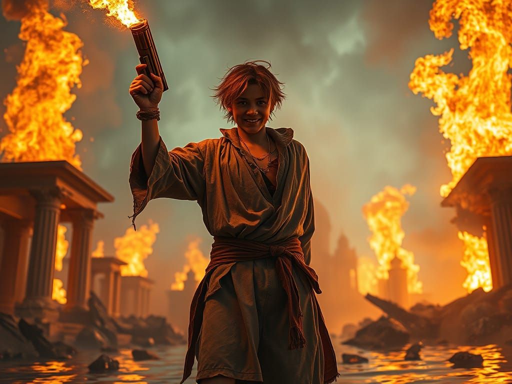 Rebellious Youth Ignites Chaos in a Burning Temple