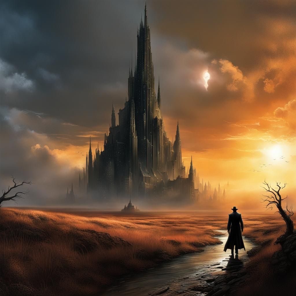 Mysterious Dark Tower Sunset with God Rays