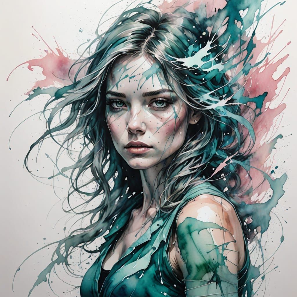 Fluid Watercolor Figure in Motion with Ice Shards