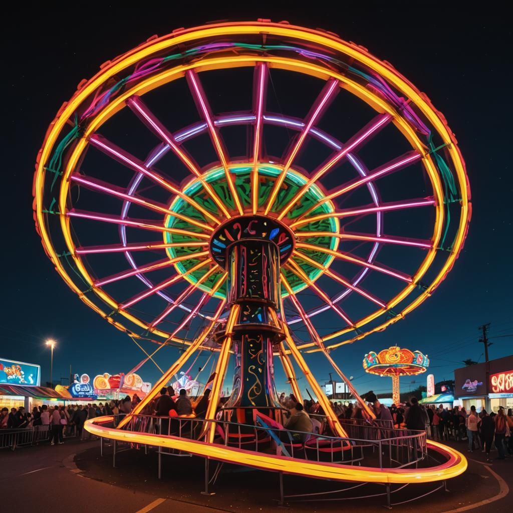 Fluorescent Carnival Ride Under Dark Sky