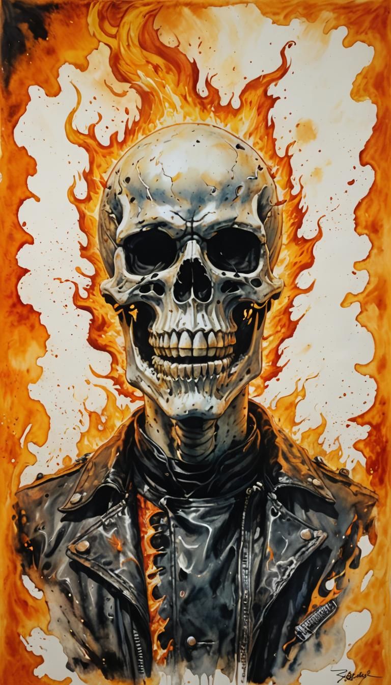 Ghost Rider Smiling: Dark Orange Watercolor Flames
