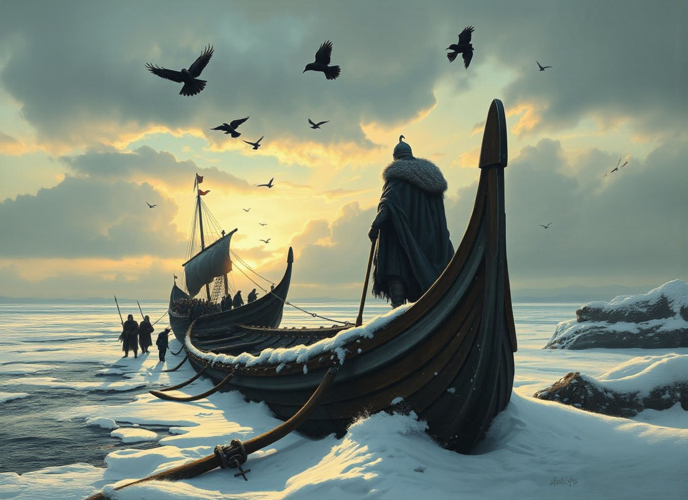 Viking Longship on Windswept Beach in Gouache