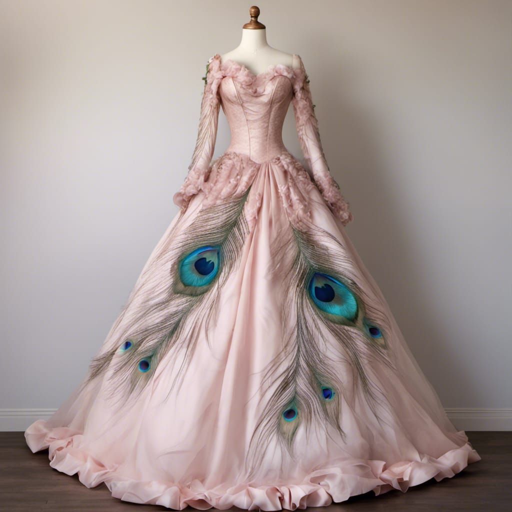 Rococo Peacock Feather Princess Dress on Form