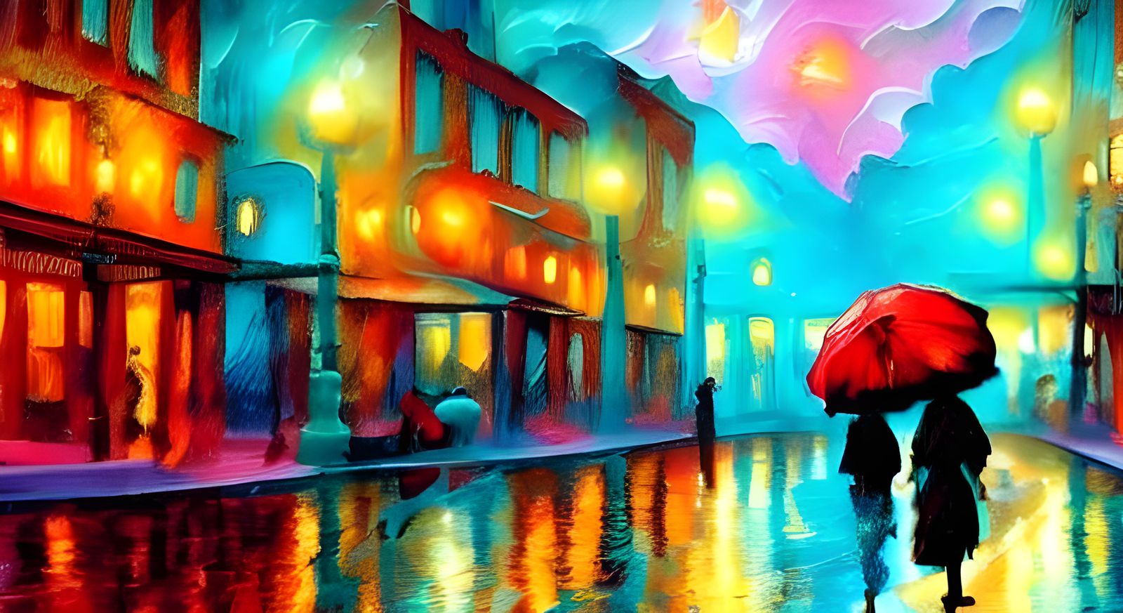 Rainy City Night: Heavily Textured Impasto Painting