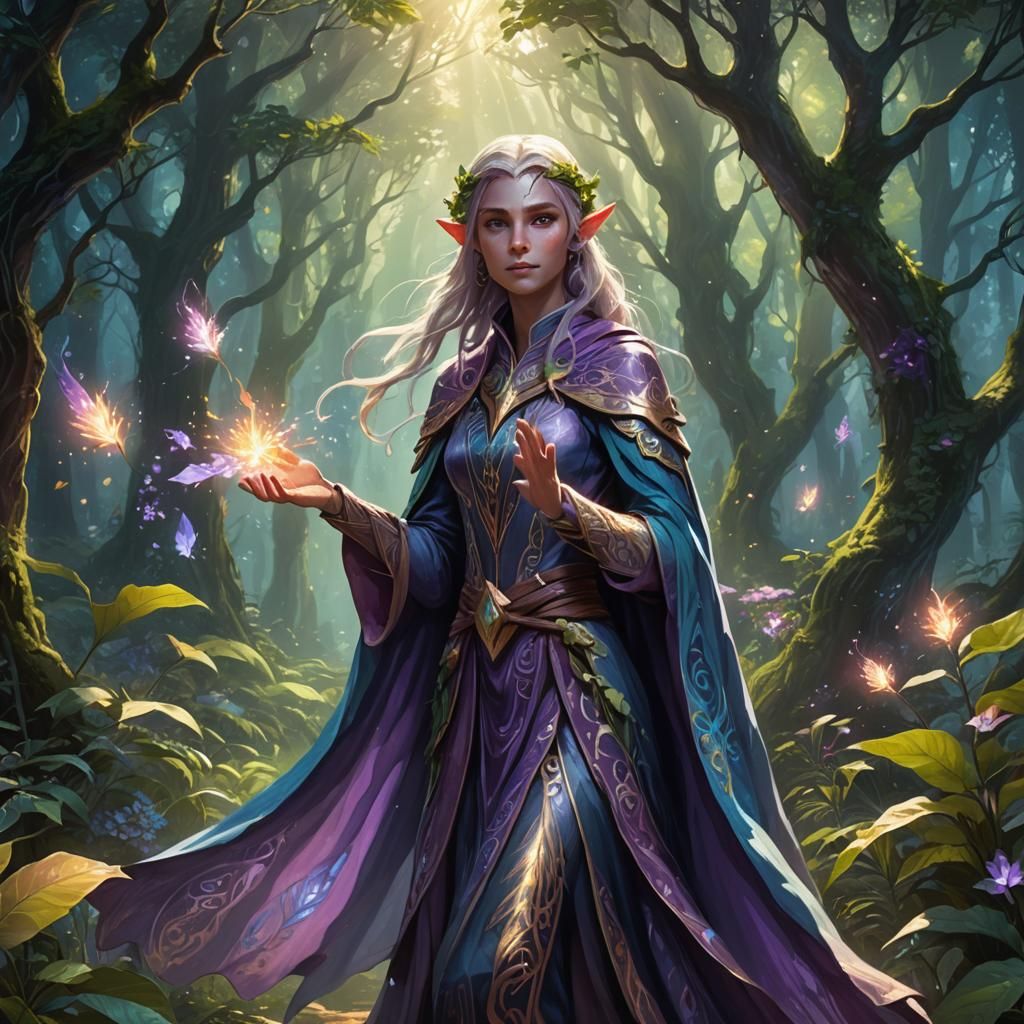 Enchanted Elf Healer in Art Nouveau Forest