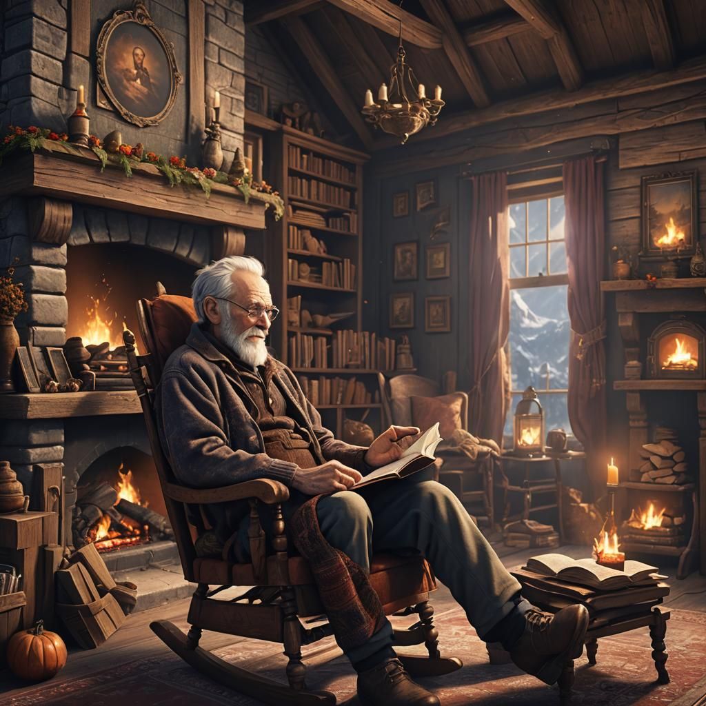 Old Man Reading by Fireplace: Detailed Matte Painting