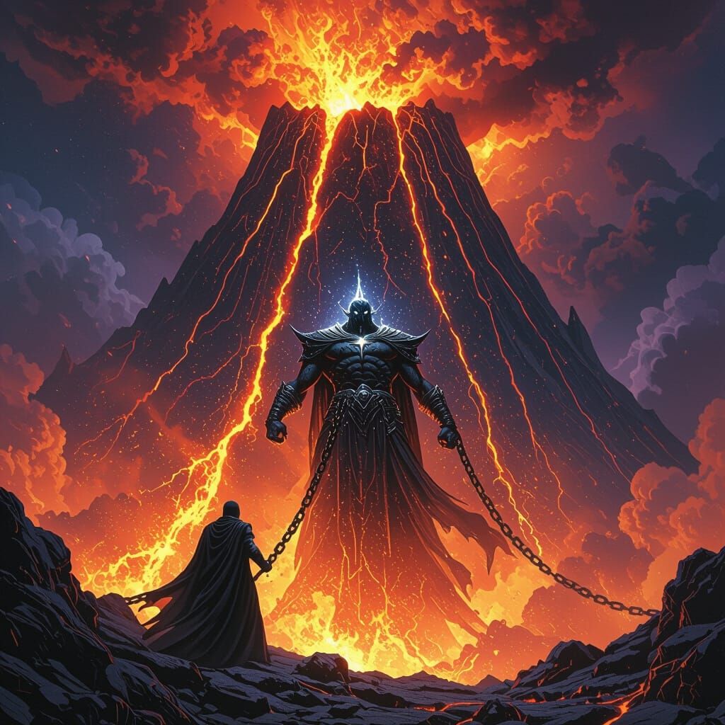 Ancient God Chained to Volcano in Dark Fantasy Style