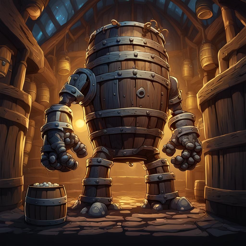 Beer Keg Golem Illustration in Detailed Matte Style