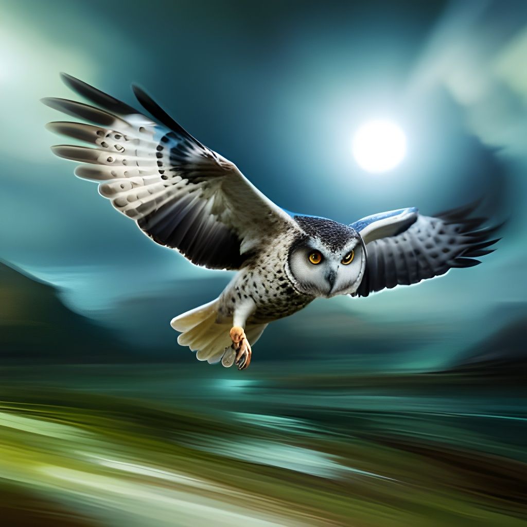 Flying Owl with Orange Eyes in Detailed Matte Style