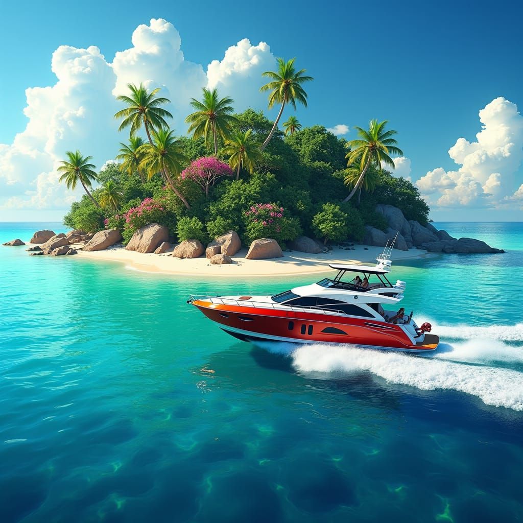 Boat on Turquoise Water in Fantasy Matte Painting Style