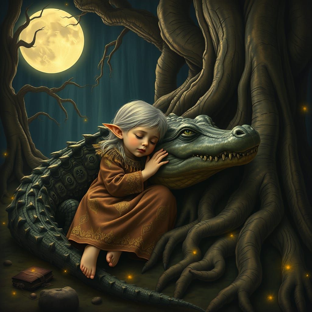 Whimsical Elf Cuddles Ancient Crocodile in Moonlit Forest