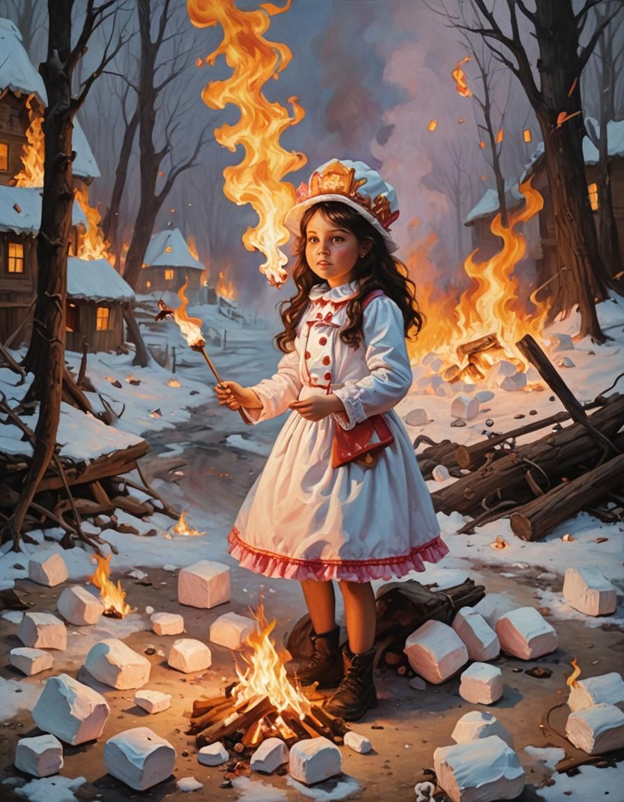 Marshmallow Candyland Girl Ablaze: Oil Painting