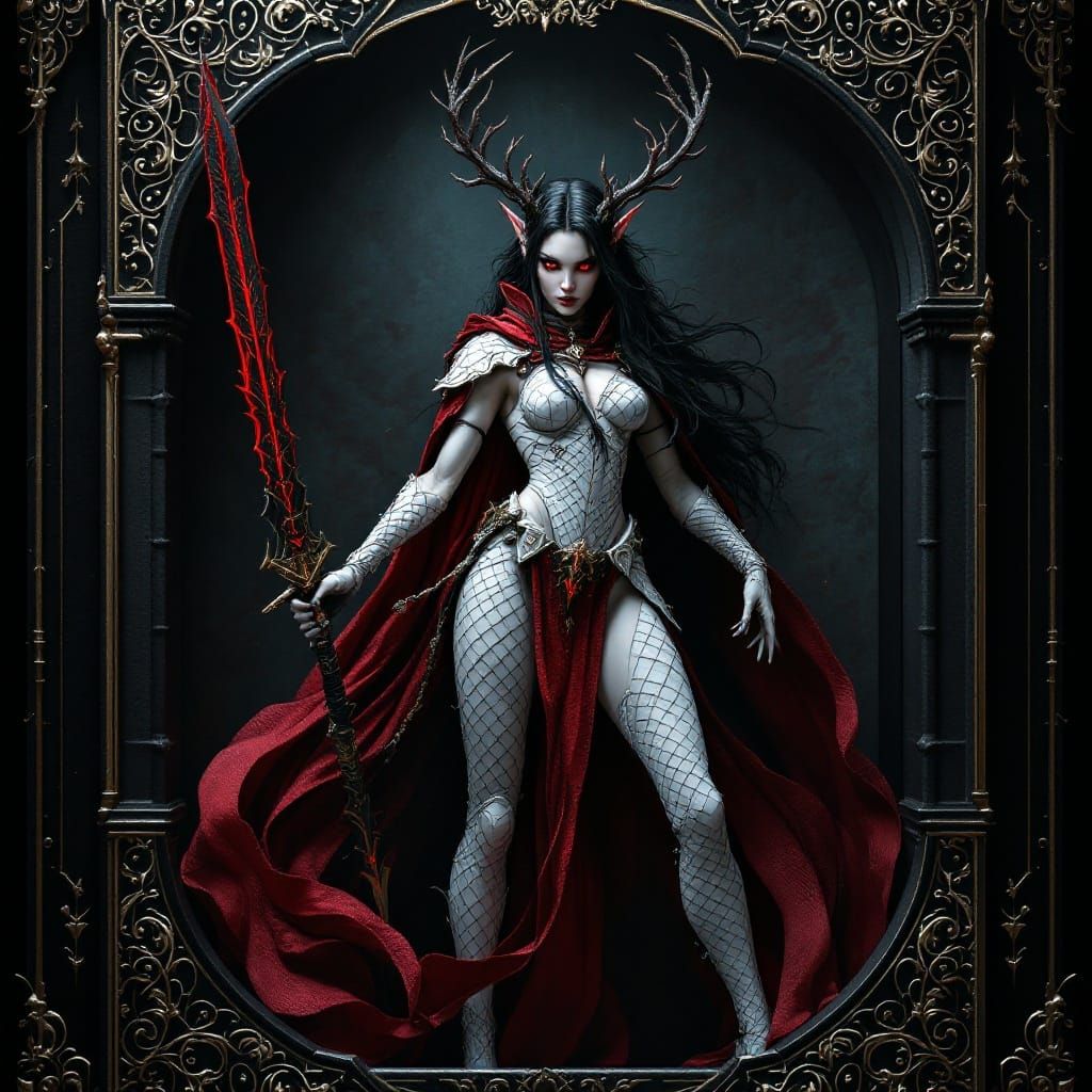 Gothic Elf Maiden in Ancient Armor and Velvet Cloak