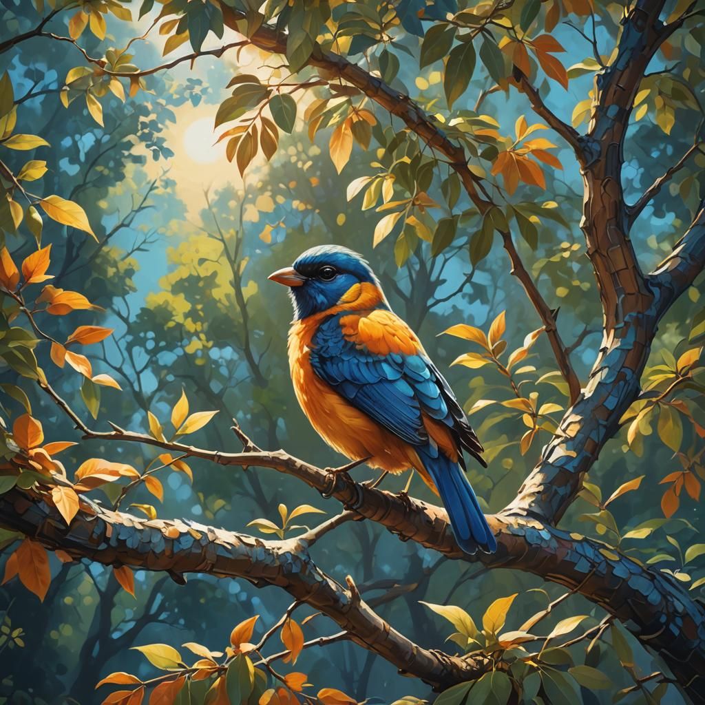 Vibrant Bird on Summer Tree Oil Painting
