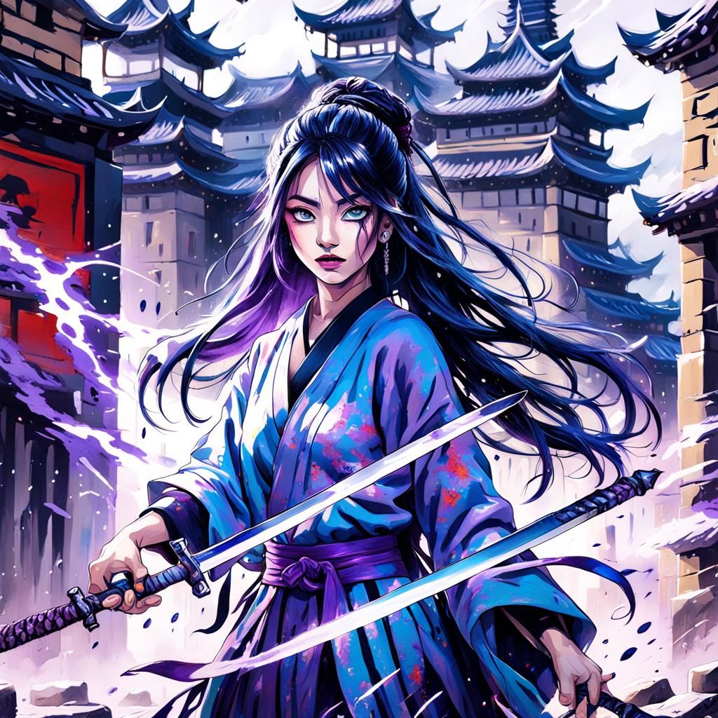 Woman with Electric Sword in Graffiti Art Style