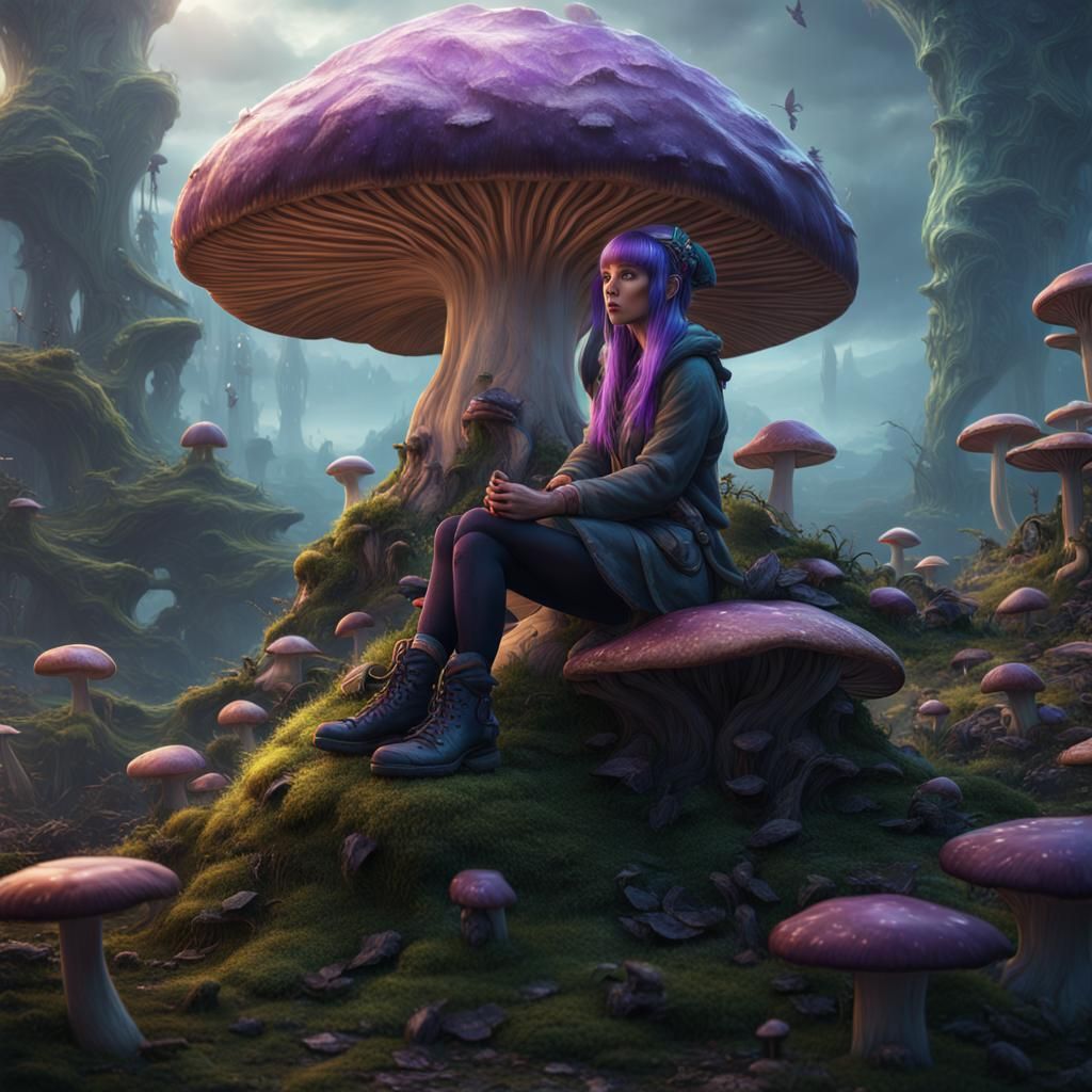 Woman with Purple Hair on Mushroom, Fantasy Art