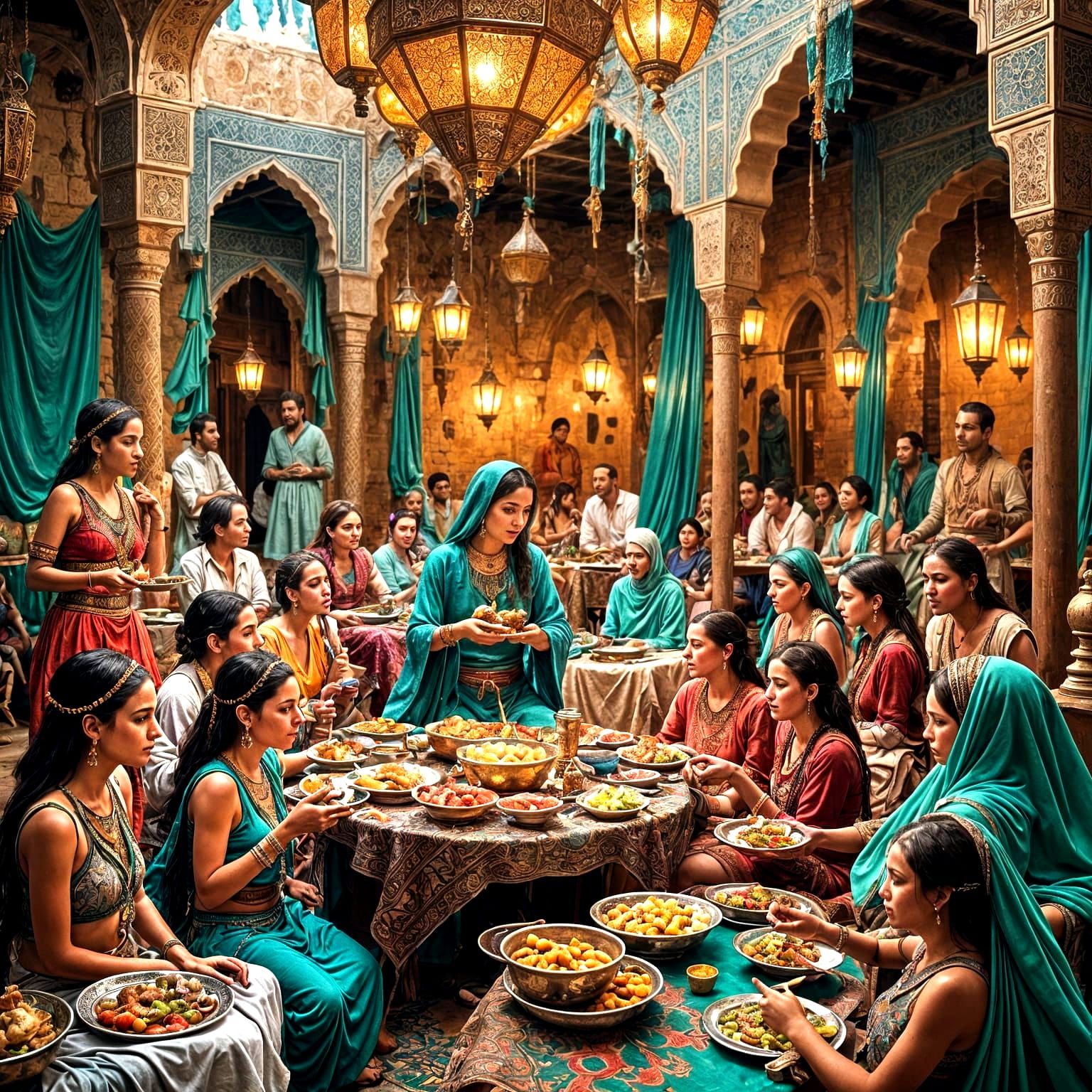 Vibrant Moroccan Feast with Dancing, Detailed Matte Painting