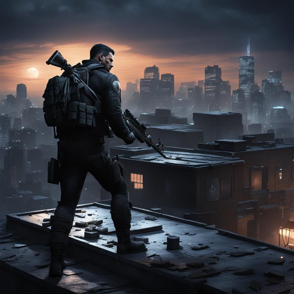 The Punisher on Rooftop at Night in Detailed Matte Painting