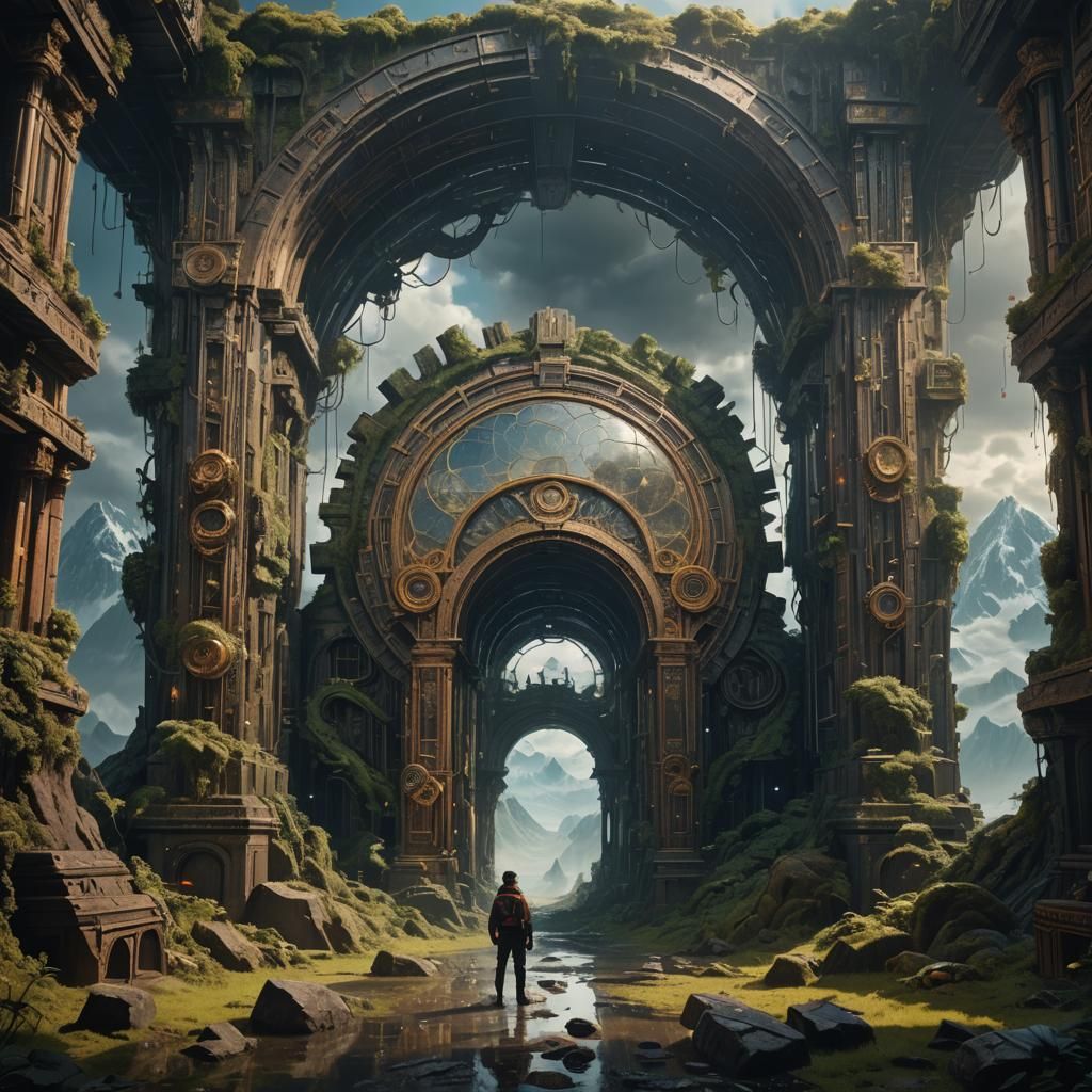 Accidental Portal Traveler in Digital Matte Painting Style