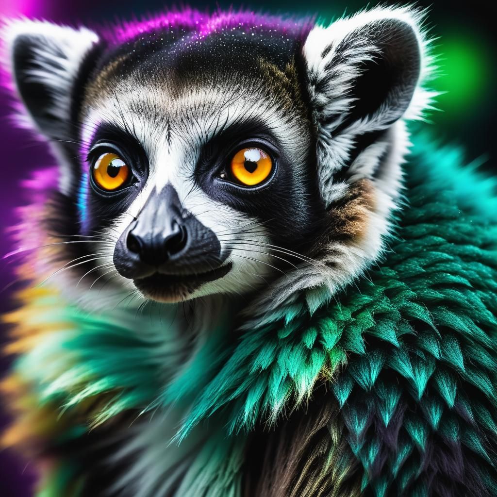 Macro Photo of Neon Fur Lemur in Surreal Light