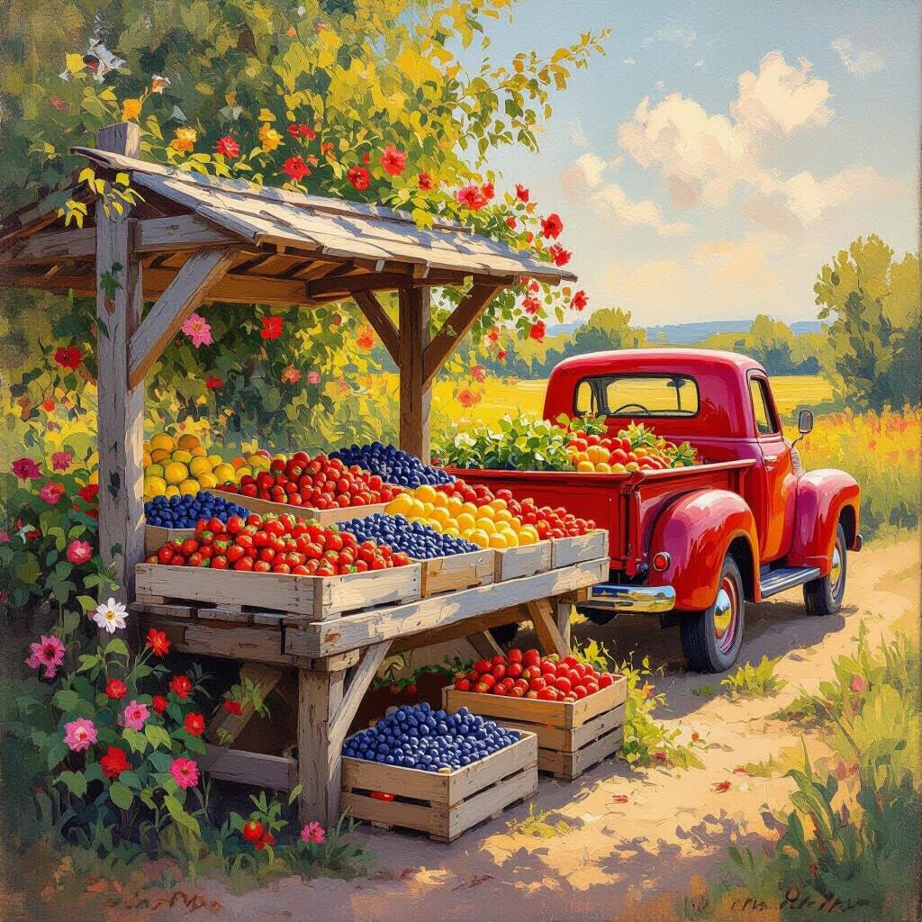 Farmstand with Berries in Impressionistic Style