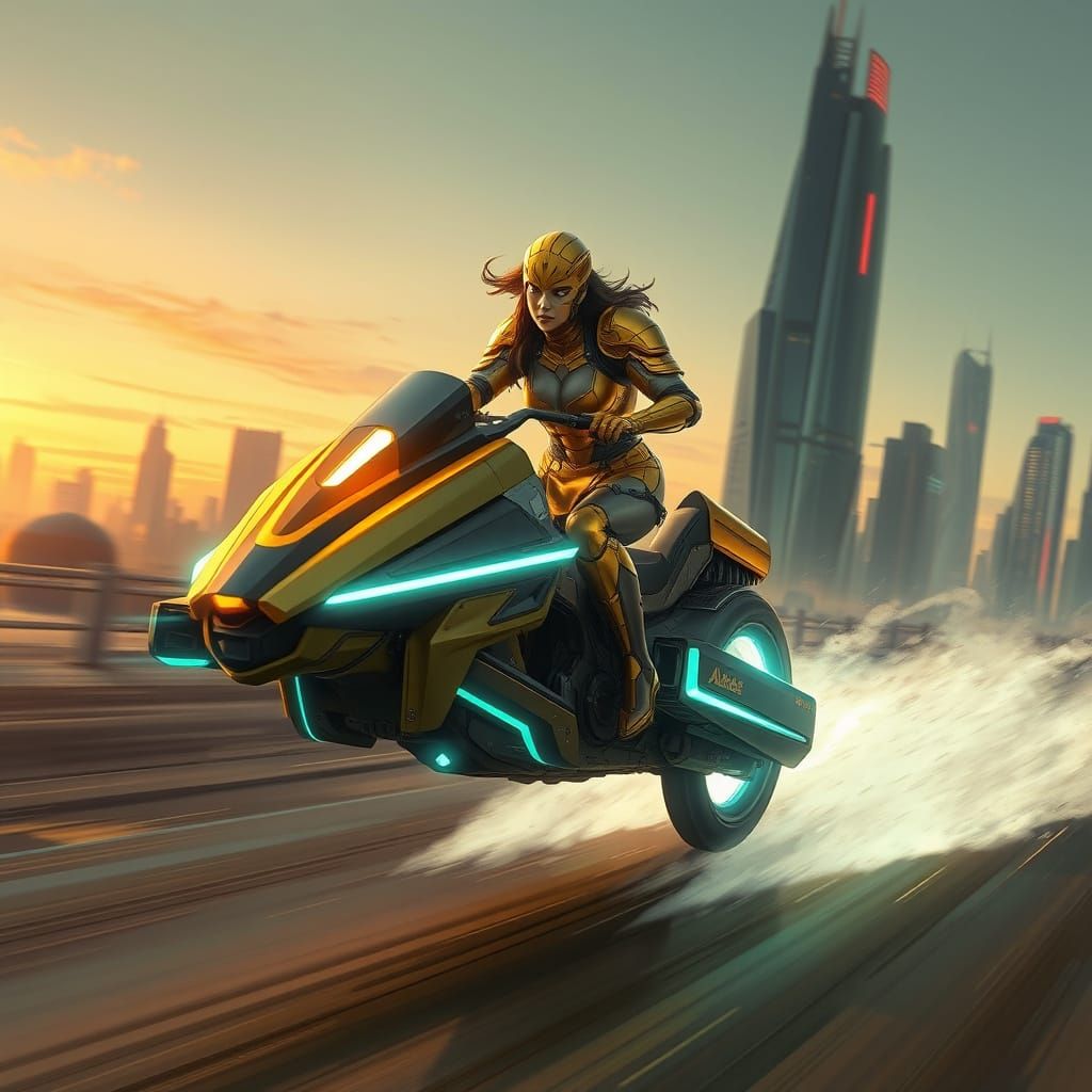 Futuristic Armored Woman Races Through Dystopian Cityscape