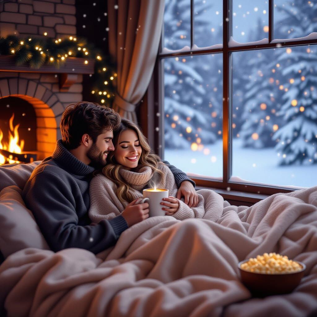 Cozy Couple Cuddling by Fireplace on Snowy Evening