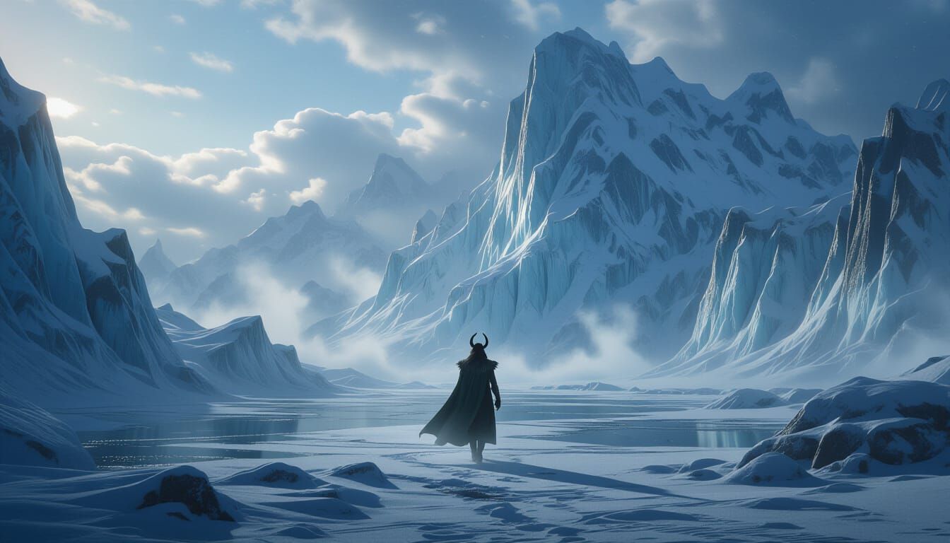 Loki Walks Niflheim's Glaciers Amid Serpent Mist