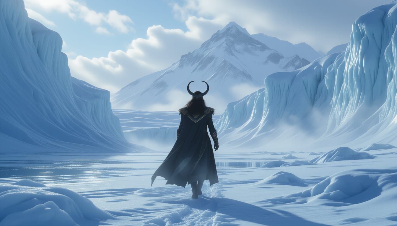 Loki Walks Niflheim Glaciers in Dramatic Hyperrealistic Styl...