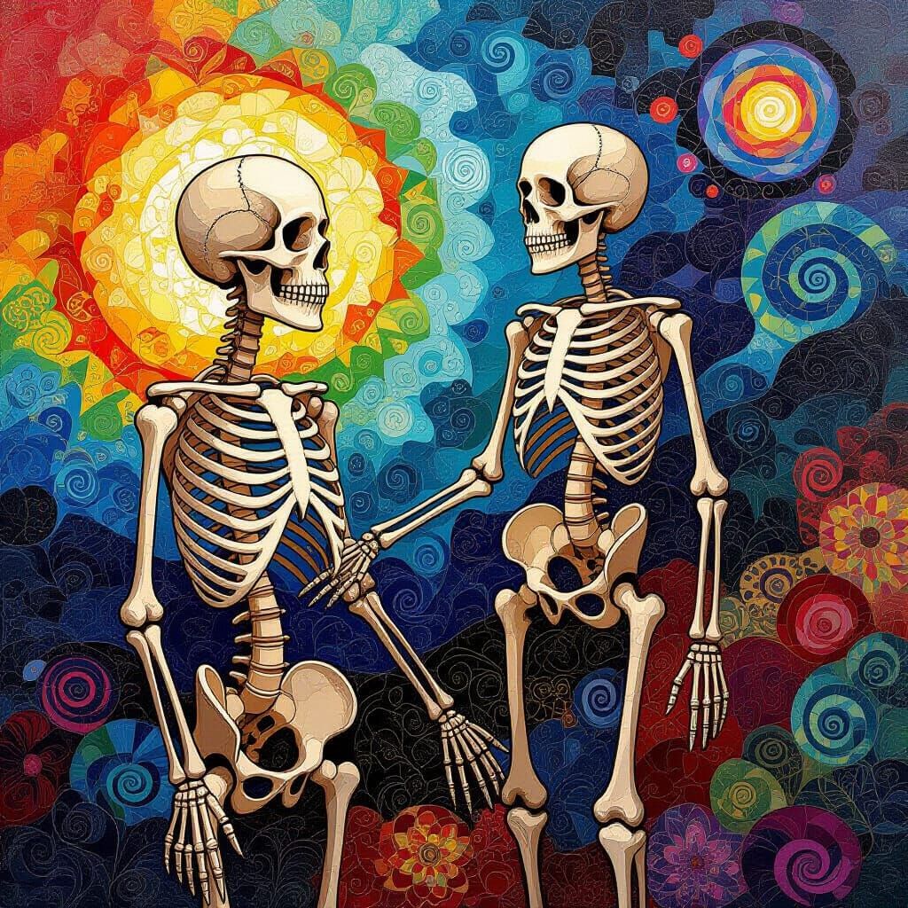 Vibrant Skeleton Mosaic with Abstract Fractal Patterns