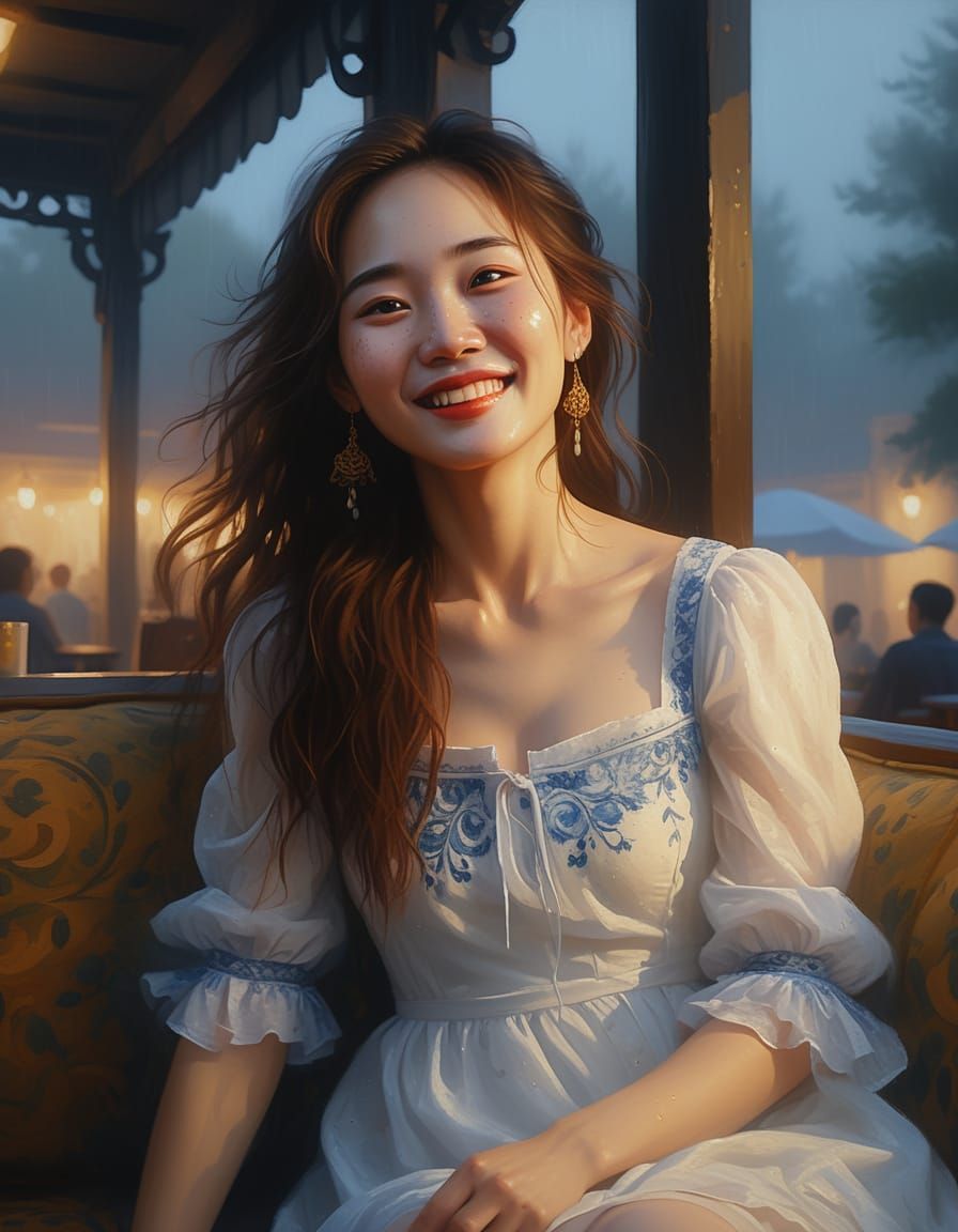 Korean Woman Lounging in Cafe: Baroque Oil Painting