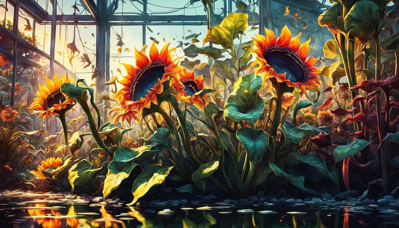 Carnivorous Plants and Sunflowers in Overgrown Garden